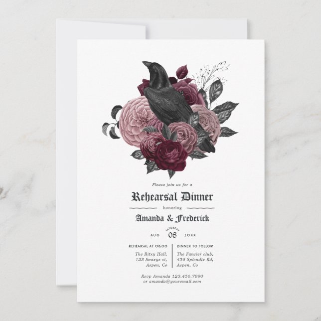 Invitation Dîner de répétition gothique Glam Burgundy Raven (Devant)