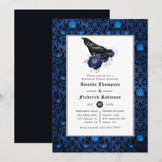 Invitation Dîner de répétition gothique noir et bleu (Devant / Derrière)