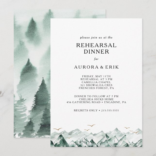 Invitation Dîner de répétition Green and Gold Mountain (Devant / Derrière)