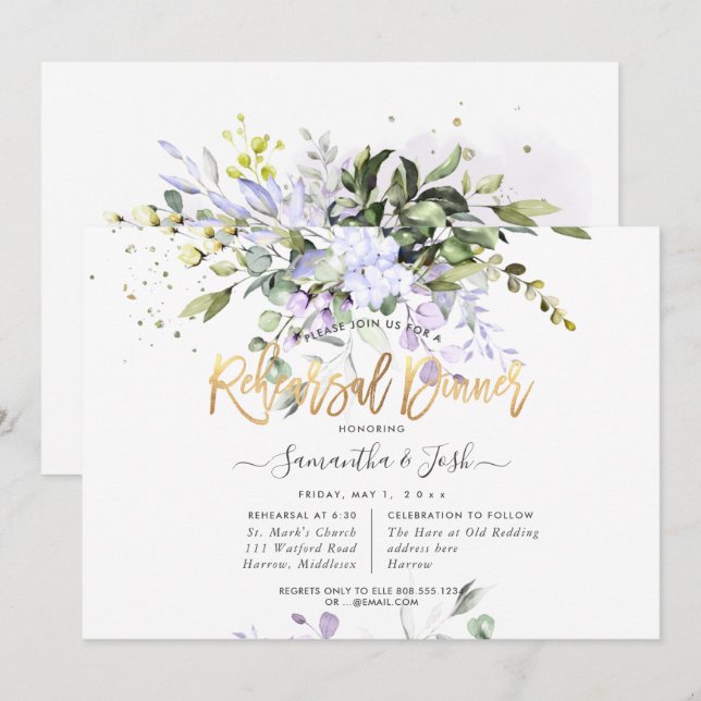 Invitation Dîner de répétition H2 Dusty Purple Eucalyptus (Devant / Derrière)