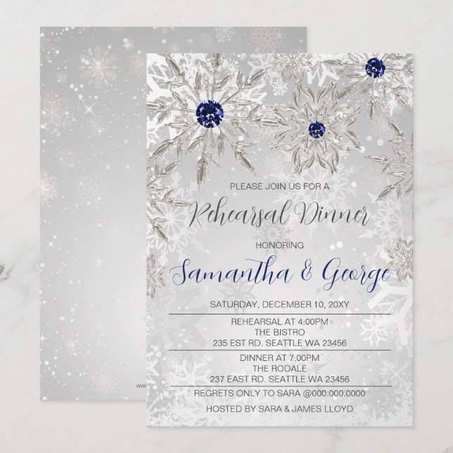 Invitation Dîner de répétition hivernal Silver Navy Snowflake (Devant / Derrière)