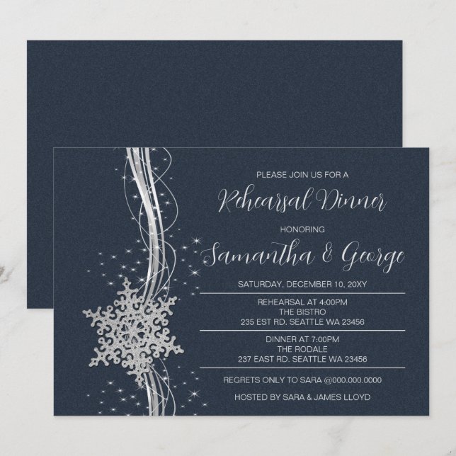 Invitation Dîner de répétition hivernal Silver Navy Snowflake (Devant / Derrière)