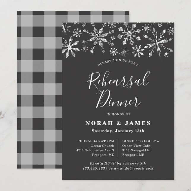 Invitation Dîner de répétition hivernale d'argent noir modern (Devant / Derrière)