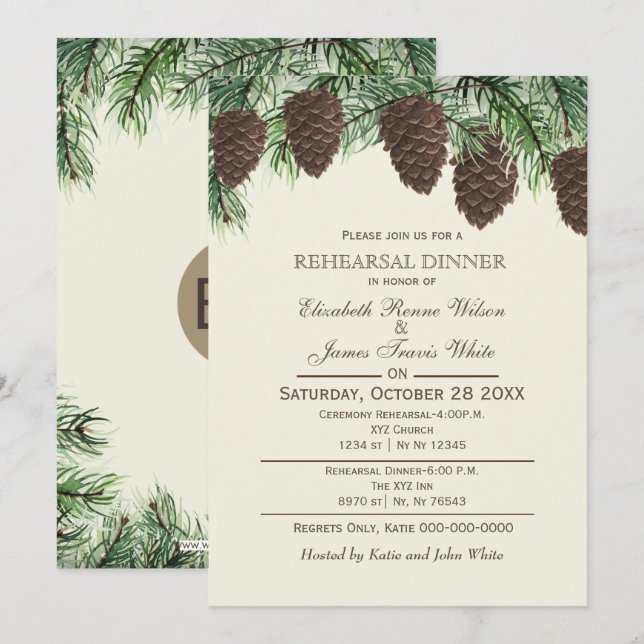 Invitation Dîner de répétition hivernale de sapin rustique (Devant / Derrière)