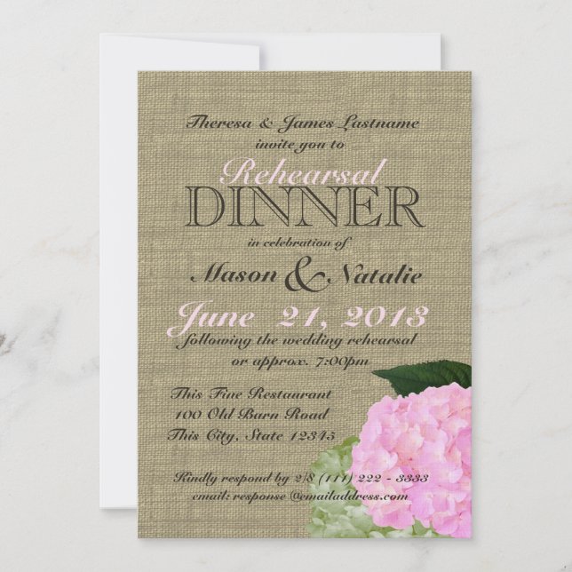 Invitation Dîner de répétition Hydrangea rose 5x7 (Devant)