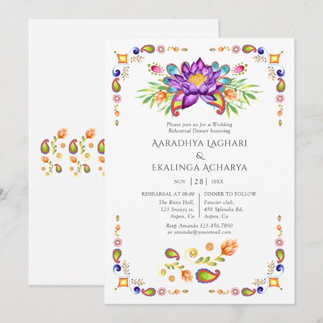 Invitation Dîner de répétition indienne de Paisley Lotus (Devant / Derrière)