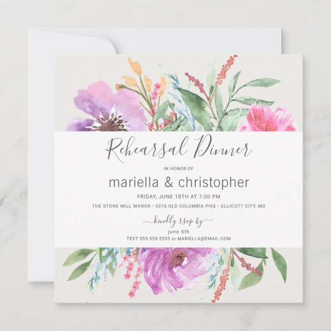 Invitation Dîner de répétition Jardin florissant Aquarelle (Devant)