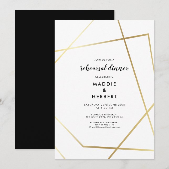 Invitation Dîner de répétition mariage à cadre d'or géométriq (Devant / Derrière)