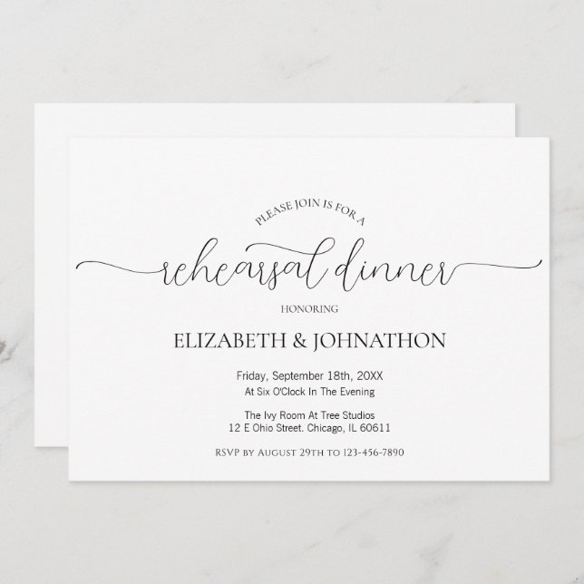 Invitation Dîner de répétition Mariage à script minimal simpl (Devant / Derrière)