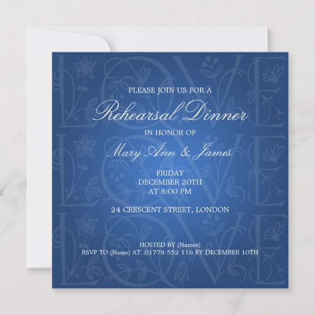 Invitation Dîner de répétition Mariage Amour Flourish Blue (Devant)