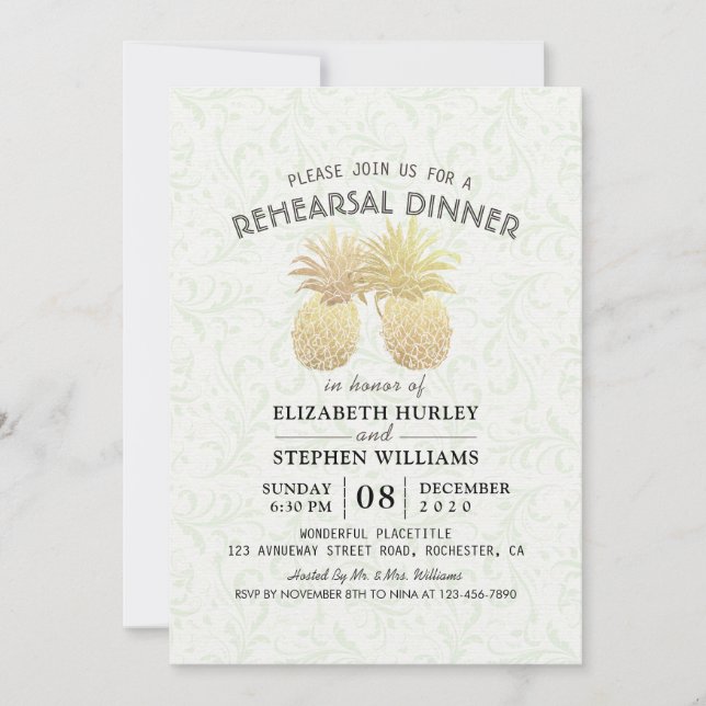 Invitation Dîner de répétition mariage Ananas à huile d'or ch (Devant)