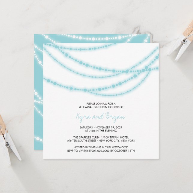 Invitation Dîner de répétition Mariage Aqua Sparkling Lights (Devant/Arrière en situation)