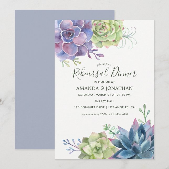 Invitation Dîner de répétition Mariage aquarelle Succulente (Devant / Derrière)