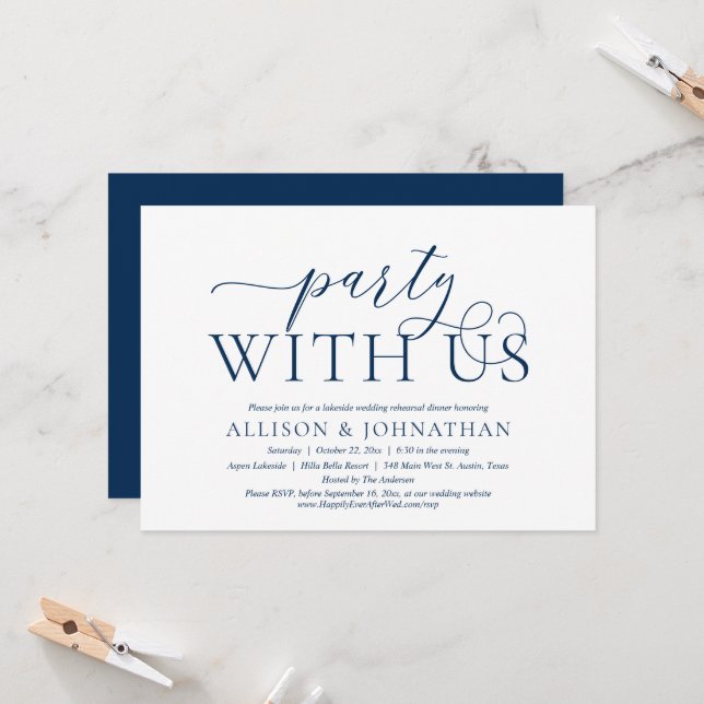 Invitation Dîner de répétition mariage avec nous, bleu marine (Devant/Arrière en situation)