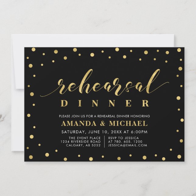 Invitation Dîner de répétition Mariage Black & Gold Script In (Devant)