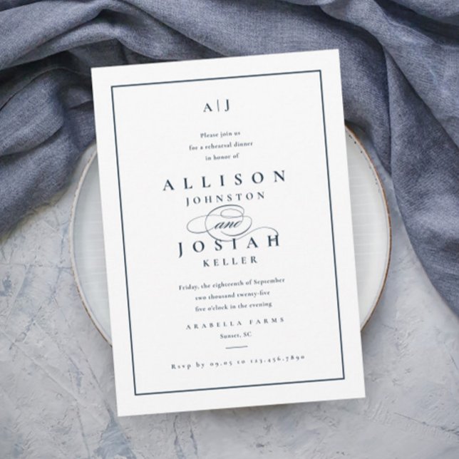 Invitation Dîner de répétition Mariage bleu élégant de la Mar (Elegant Typography Navy Blue Wedding Rehearsal Dinner Invitations.)