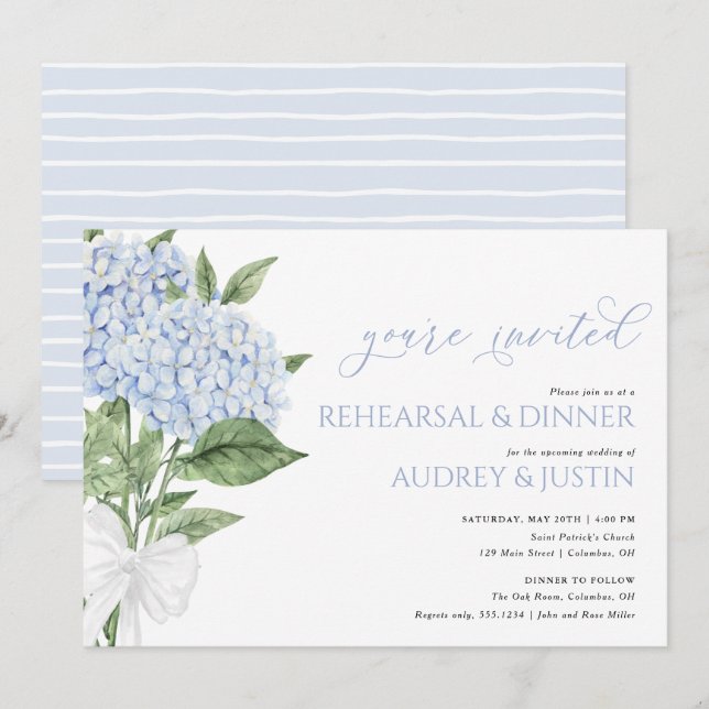 Invitation Dîner de répétition Mariage Blue Hydrangea (Devant / Derrière)