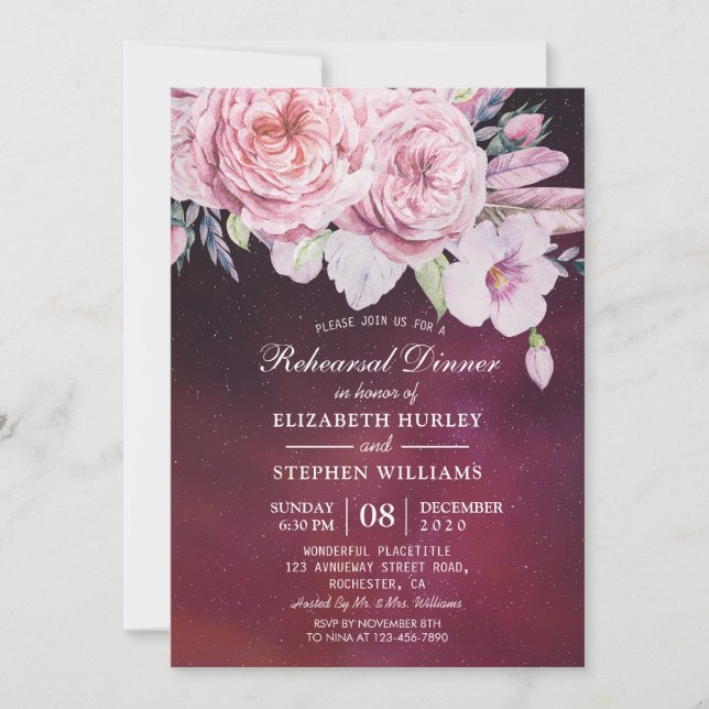 Invitation Dîner de répétition mariage Boho Floral Purple Lum (Devant)