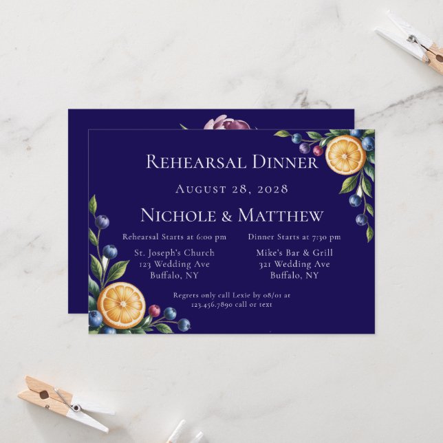 Invitation Dîner de répétition Mariage d'agrumes méditerranée (Devant/Arrière en situation)