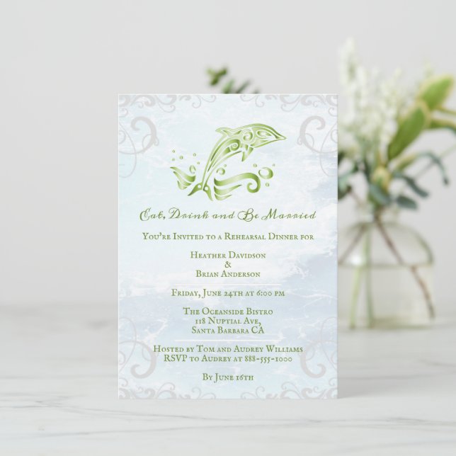 Invitation Dîner de répétition Mariage Dauphin Vert Invitatio (Debout devant)