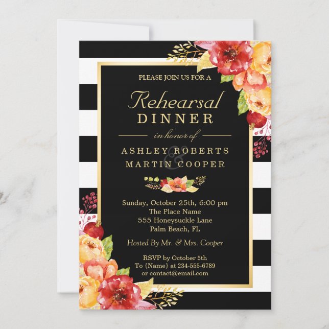 Invitation Dîner de répétition mariage de automne Gold Floral (Devant)
