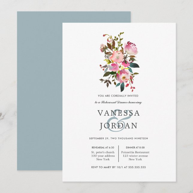Invitation Dîner de répétition Mariage de bouquet de fleurs b (Devant / Derrière)