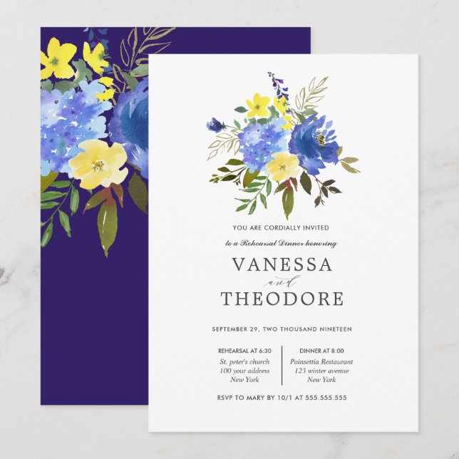 Invitation Dîner de répétition Mariage de bouquet jaune et bl (Devant / Derrière)