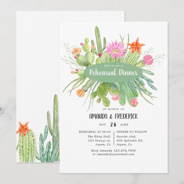 Invitation Dîner de répétition Mariage de Cactus aquarelle (Devant / Derrière)