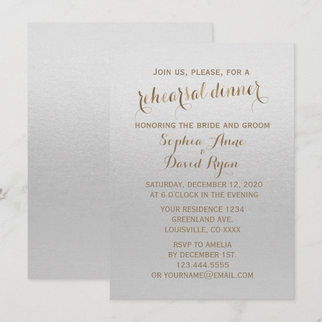 Invitation Dîner de répétition Mariage de Charme Gold Foil (Devant / Derrière)