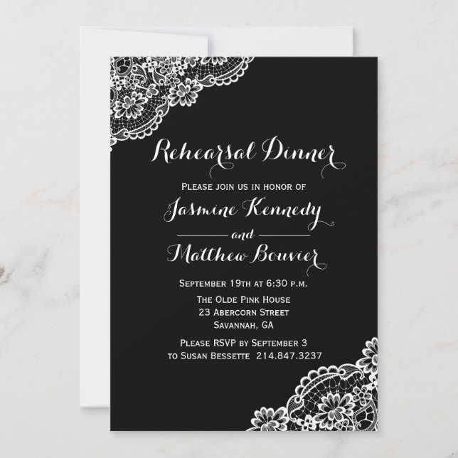 Invitation Dîner de répétition Mariage de dentelle noire et b (Devant)