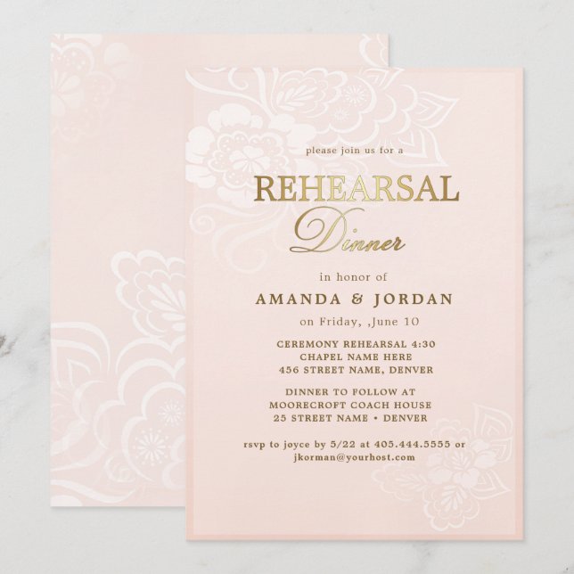 Invitation Dîner de répétition Mariage de dentelle rose vif (Devant / Derrière)