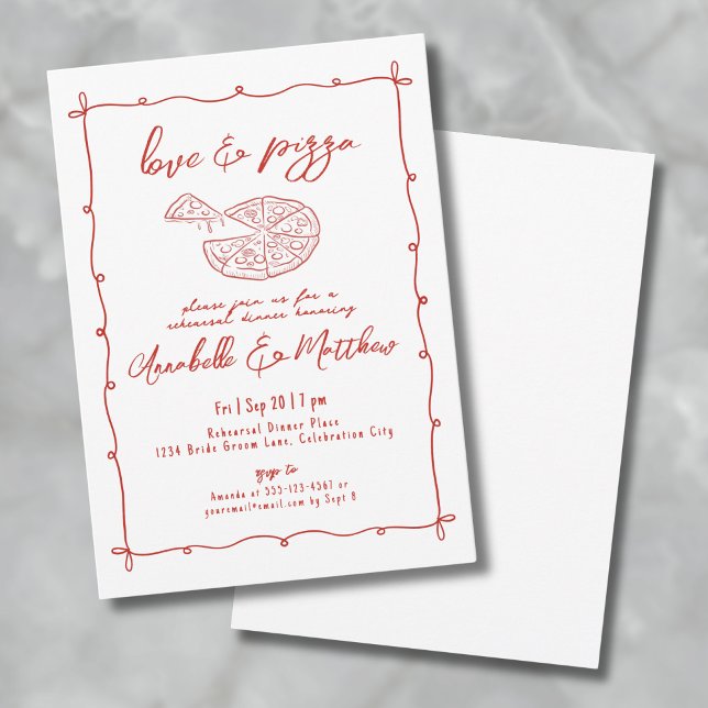 Invitation Dîner de répétition Mariage de la pizza d'amour ro (Hand Drawn Red Love Pizza Wedding Rehearsal Dinner Invitation)