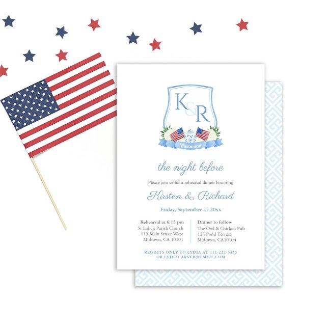 Invitation Dîner de répétition Mariage de l'Hydrangée patriot (Red White And Blue Watercolor Crest Wedding Rehearsal And Welcome Dinner Invitation)