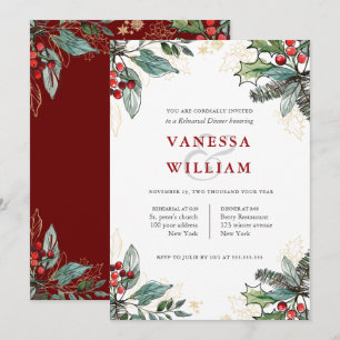 Invitation Dîner de répétition Mariage de Noël Holly Berries