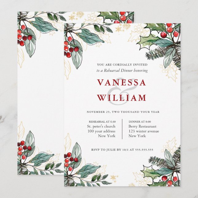 Invitation Dîner de répétition Mariage de Noël Holly Berries (Devant / Derrière)
