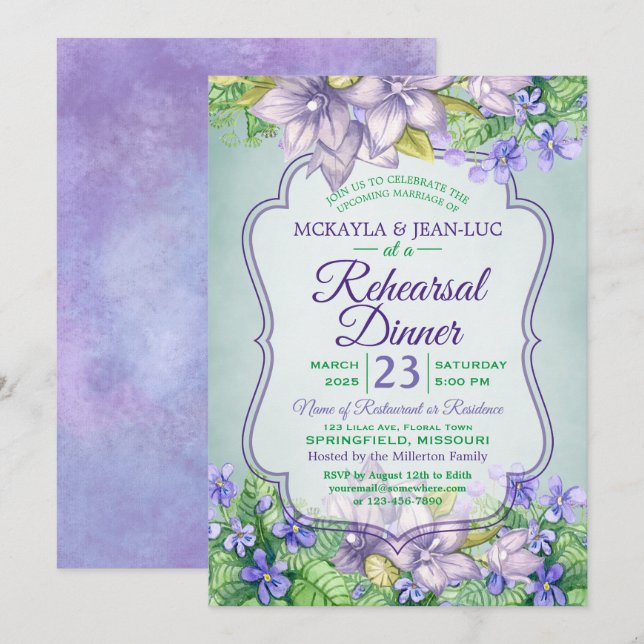 Invitation Dîner de répétition Mariage de printemps Violets d (Devant / Derrière)