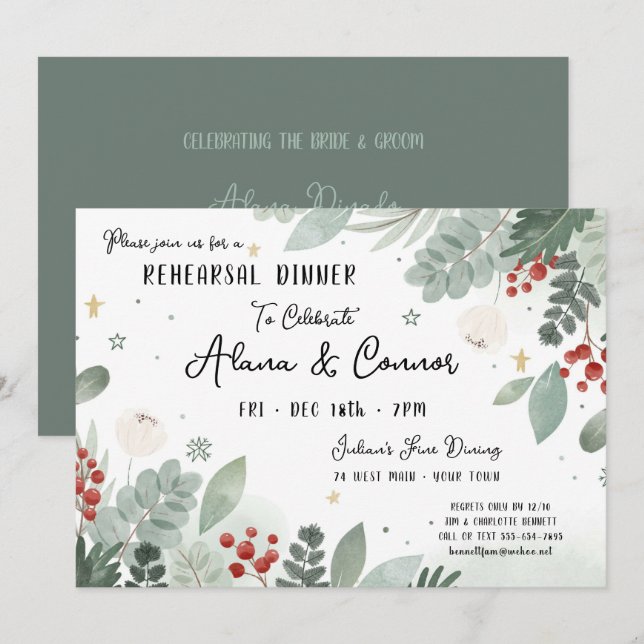 Invitation Dîner de répétition Mariage de vacances de décembr (Devant / Derrière)