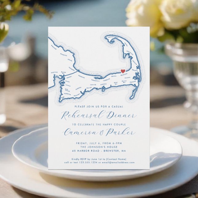 Invitation Dîner de répétition Mariage Décontracté Brewster M (Brewster MA Casual Cape Cod Wedding Rehearsal Dinner Invitation in Navy Blue from Coastal Map Design)