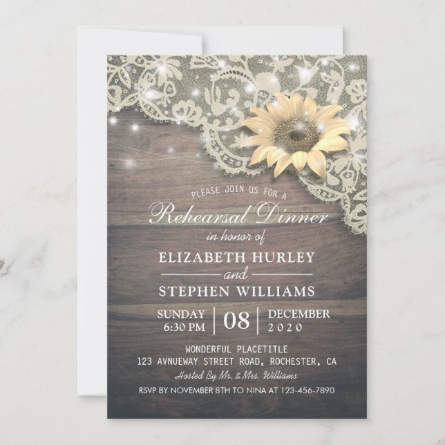 Invitation Dîner de répétition mariage dentelle tournesol boi (Devant)