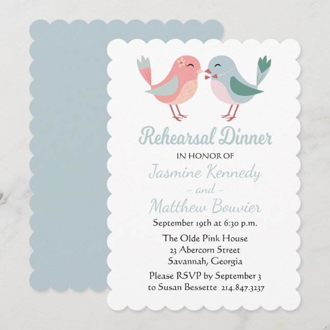 Invitation Dîner de répétition Mariage des Lovebirds roses et (Devant / Derrière)