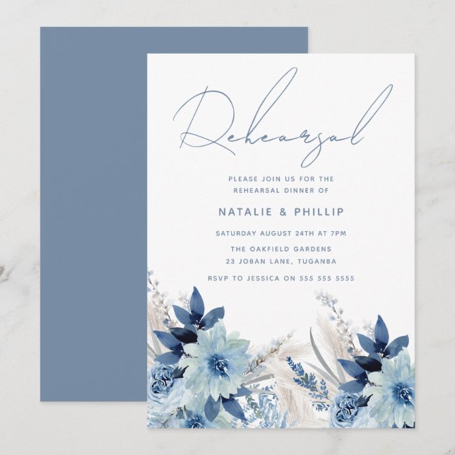 Invitation Dîner de répétition Mariage Dusty Blue Florals (Devant / Derrière)