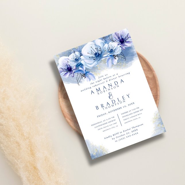 Invitation Dîner de répétition Mariage Dusty Blue & Gold Part (Créateur téléchargé)