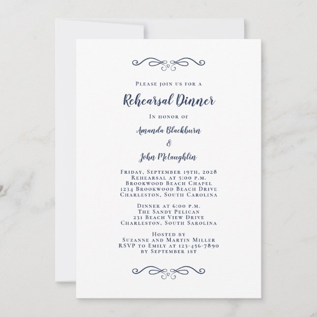Invitation Dîner de répétition Mariage élégant bleu et blanc (Devant)