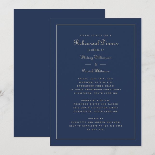 Invitation Dîner de répétition Mariage élégant Marine Blue Go (Devant / Derrière)