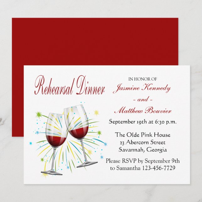 Invitation Dîner de répétition Mariage en Bourgogne rouge Vin (Devant / Derrière)