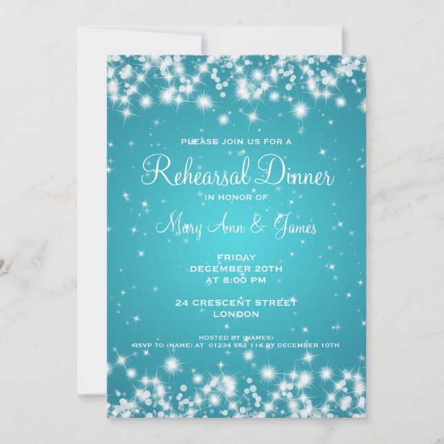 Invitation Dîner de répétition mariage Étincelle d'hiver Turq (Devant)