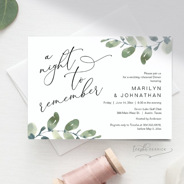 Invitation Dîner de répétition mariage, Eucalyptus Green (A Night To Remember, Wedding Rehearsal Dinner, Eucalyptus Greenery Invitation Card, Downloadable)