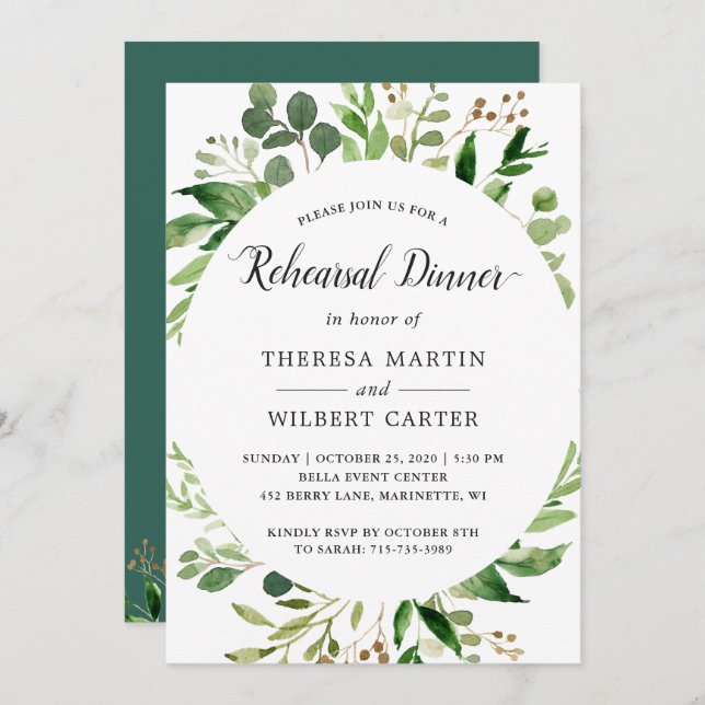 Invitation Dîner de répétition Mariage Eucalyptus Green Feuil (Devant / Derrière)