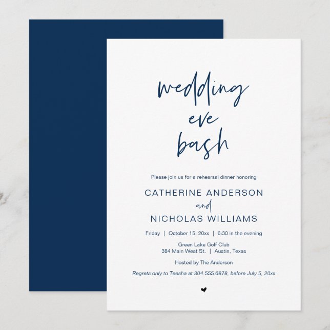 Invitation Dîner de répétition mariage, fête de la veille Inv (Devant / Derrière)