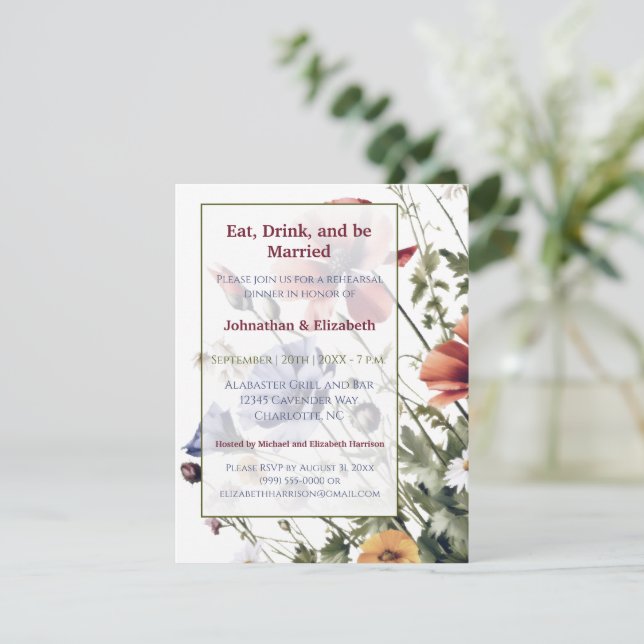 Invitation Dîner de répétition Mariage fleur sauvage (Debout devant)
